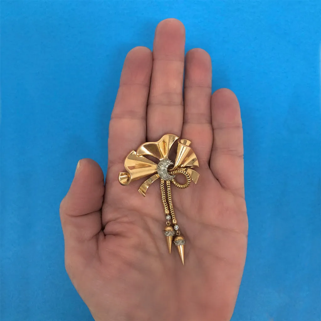 1940s Retro Diamond and Pink Gold Bow Brooch