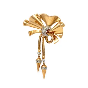 1940s Retro Diamond and Pink Gold Bow Brooch