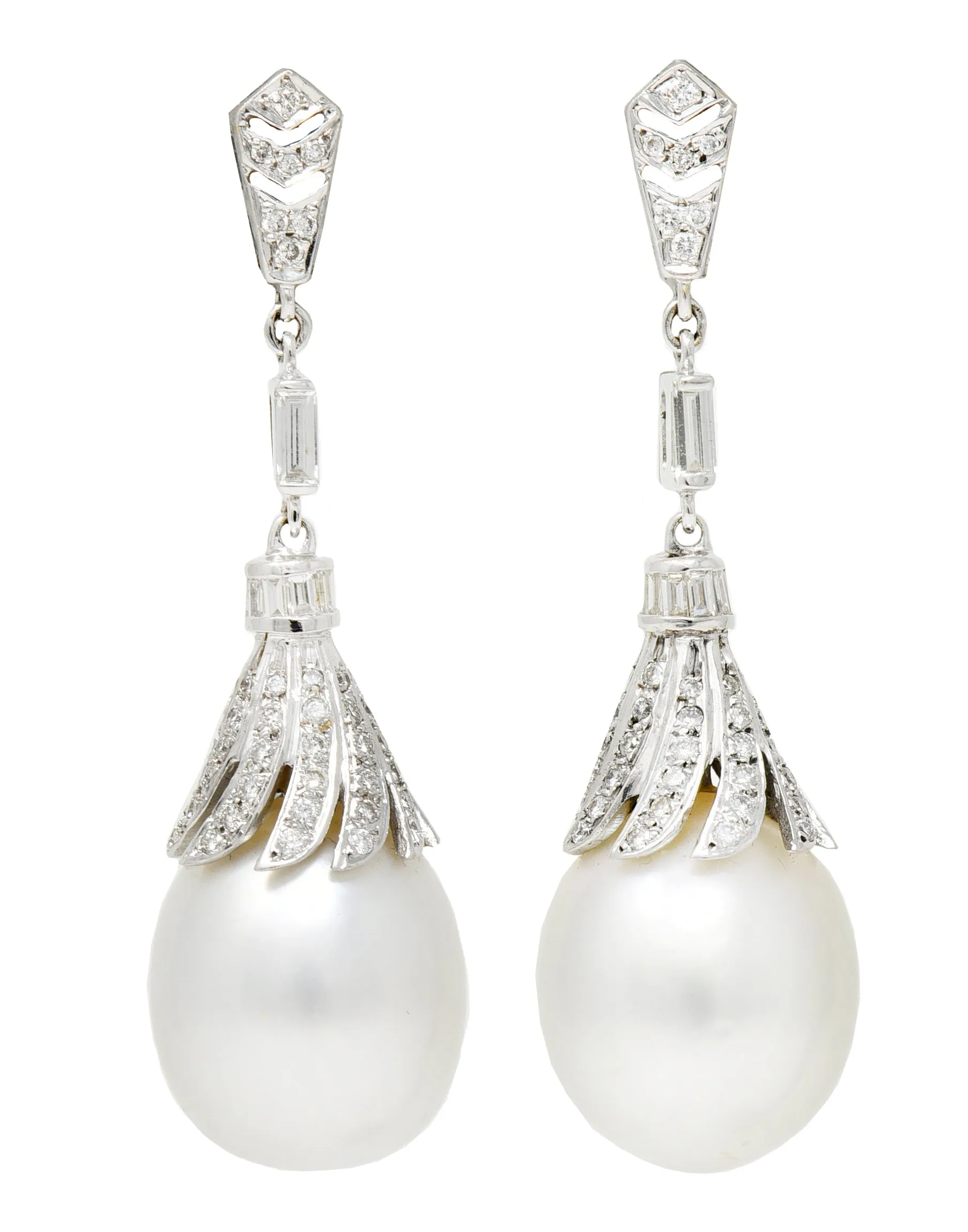 1950's Mid-Century South Sea Pearl 1.75 CTW Diamond 18 Karat White Gold Vintage Drop Earrings