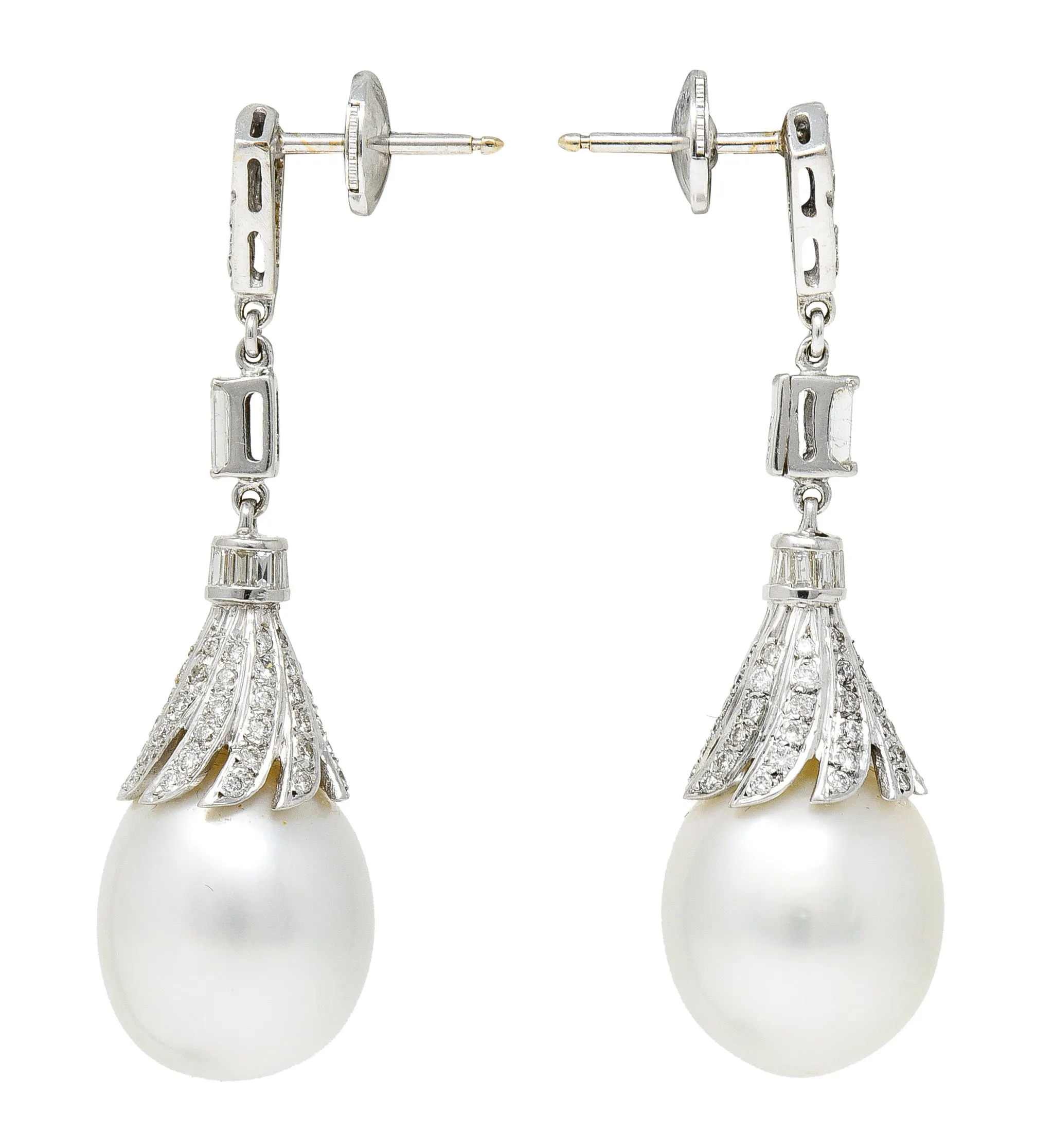 1950's Mid-Century South Sea Pearl 1.75 CTW Diamond 18 Karat White Gold Vintage Drop Earrings