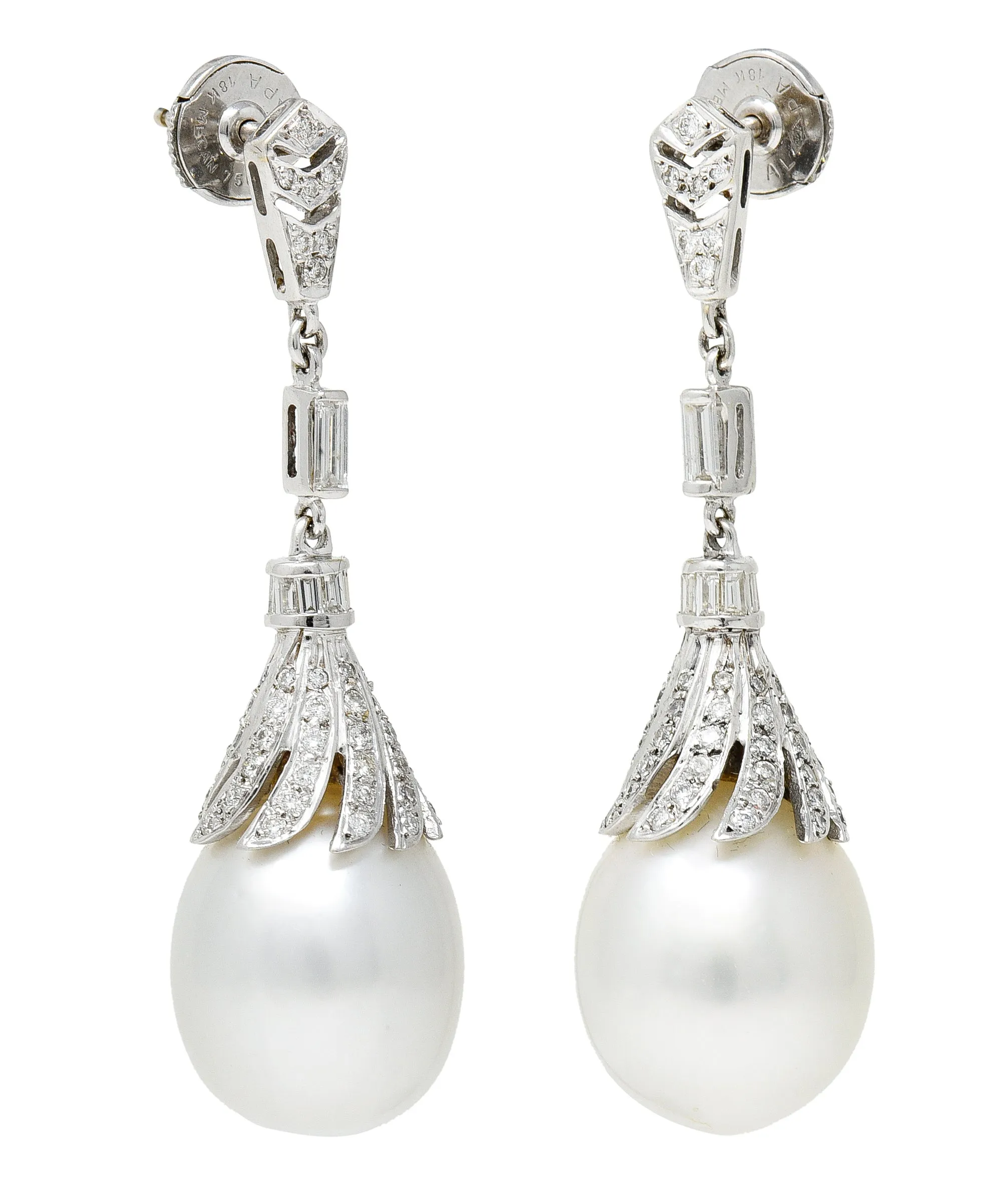1950's Mid-Century South Sea Pearl 1.75 CTW Diamond 18 Karat White Gold Vintage Drop Earrings