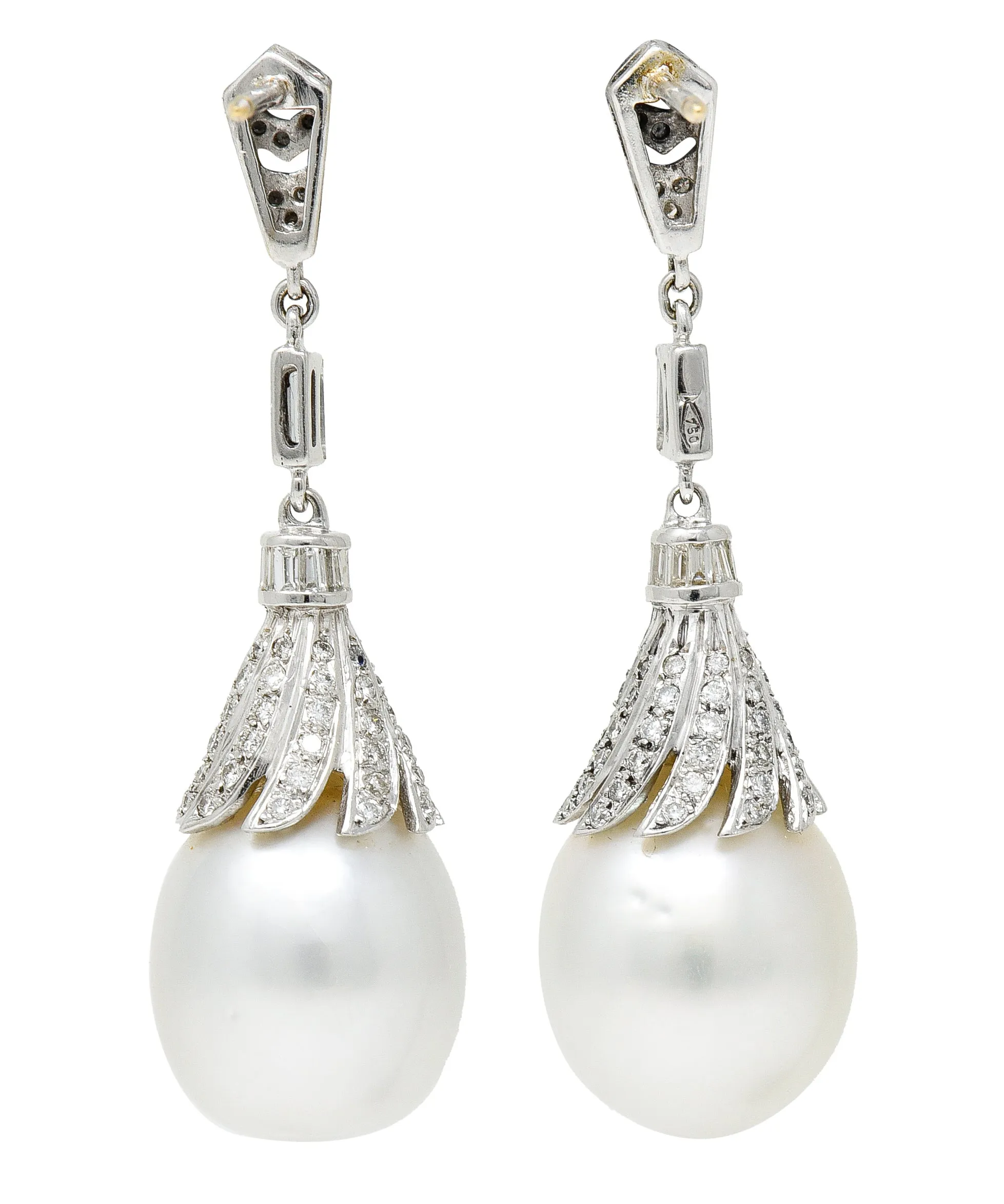 1950's Mid-Century South Sea Pearl 1.75 CTW Diamond 18 Karat White Gold Vintage Drop Earrings