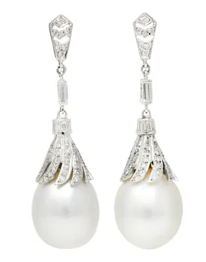 1950's Mid-Century South Sea Pearl 1.75 CTW Diamond 18 Karat White Gold Vintage Drop Earrings