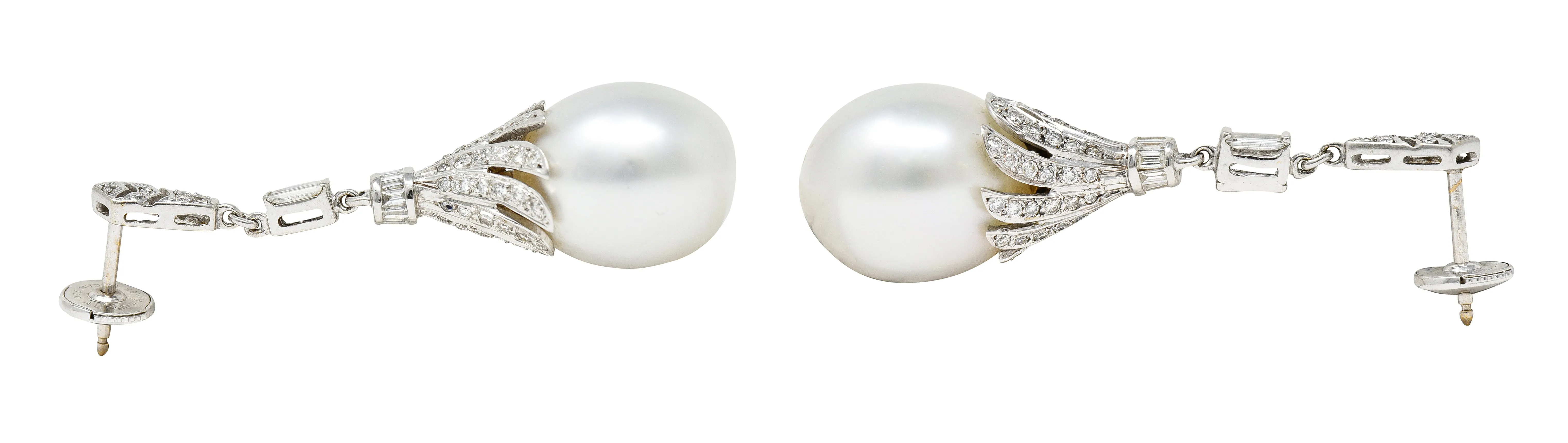 1950's Mid-Century South Sea Pearl 1.75 CTW Diamond 18 Karat White Gold Vintage Drop Earrings