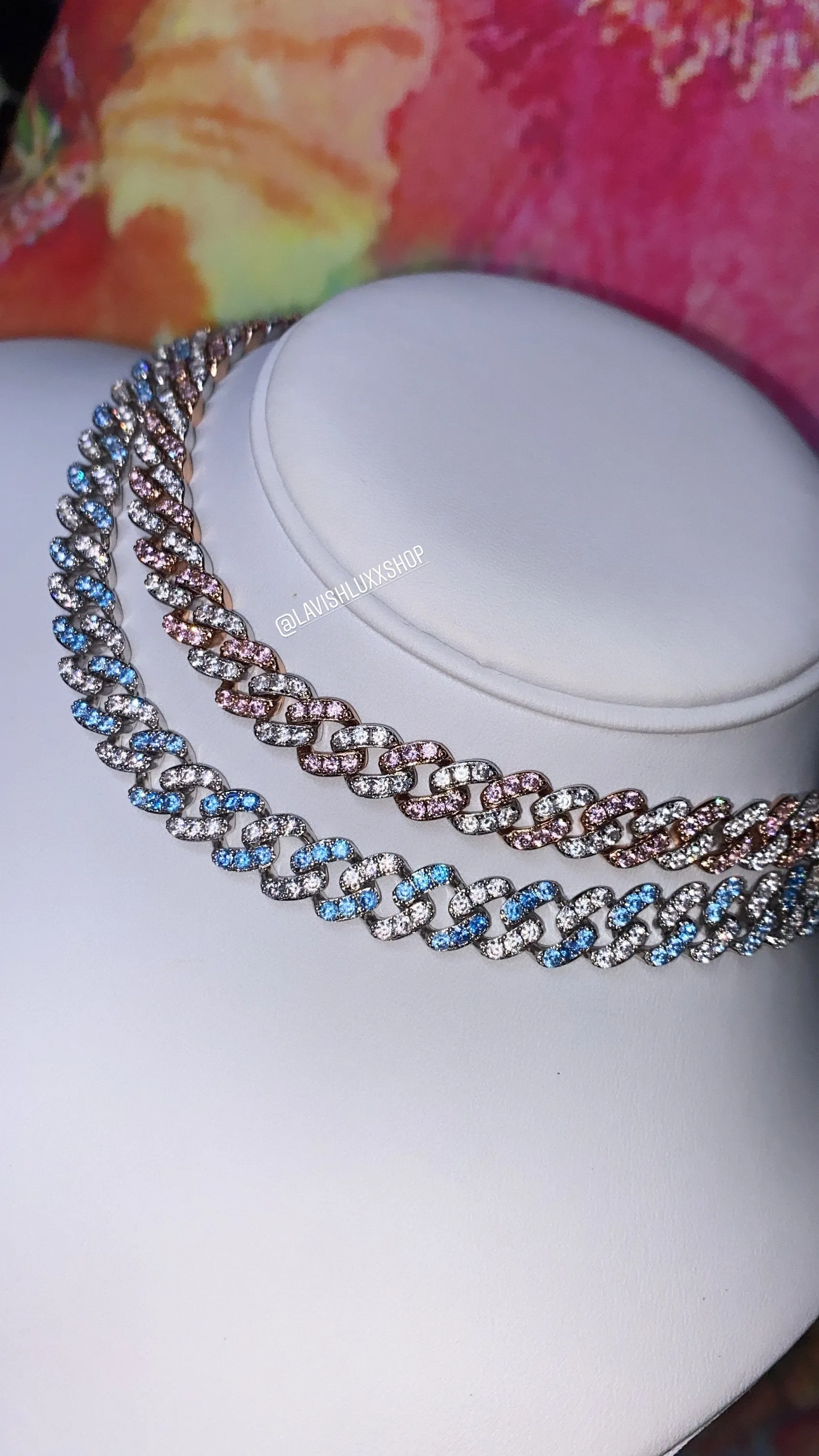 2 piece SET 9mm Mini PINK and white  and BLUE miami cuban link chain , pink barbie  choker , pink choker, Cuban Choker , pink Cuban necklace