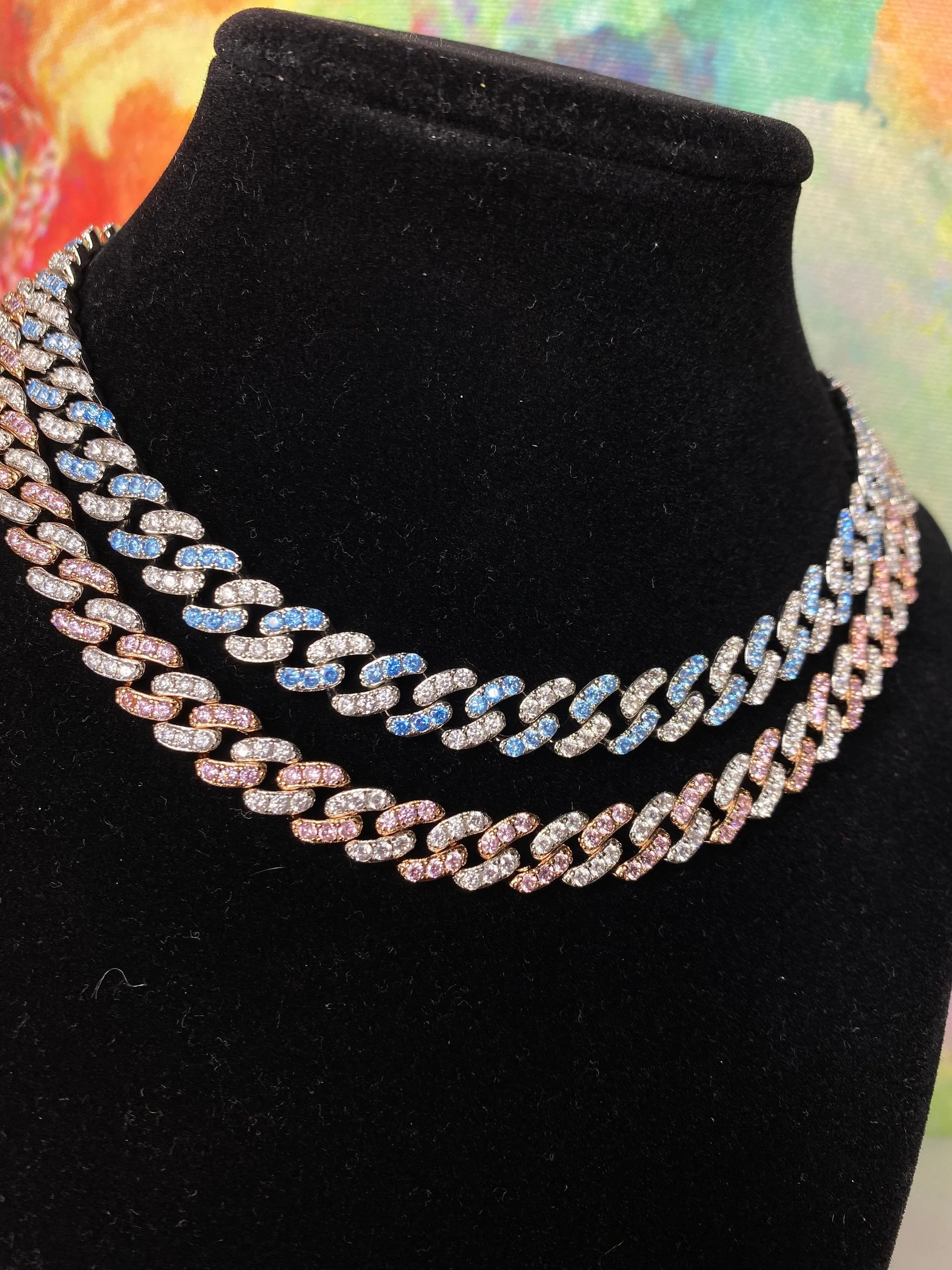 2 piece SET 9mm Mini PINK and white  and BLUE miami cuban link chain , pink barbie  choker , pink choker, Cuban Choker , pink Cuban necklace