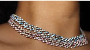 2 piece SET 9mm Mini PINK and white  and BLUE miami cuban link chain , pink barbie  choker , pink choker, Cuban Choker , pink Cuban necklace