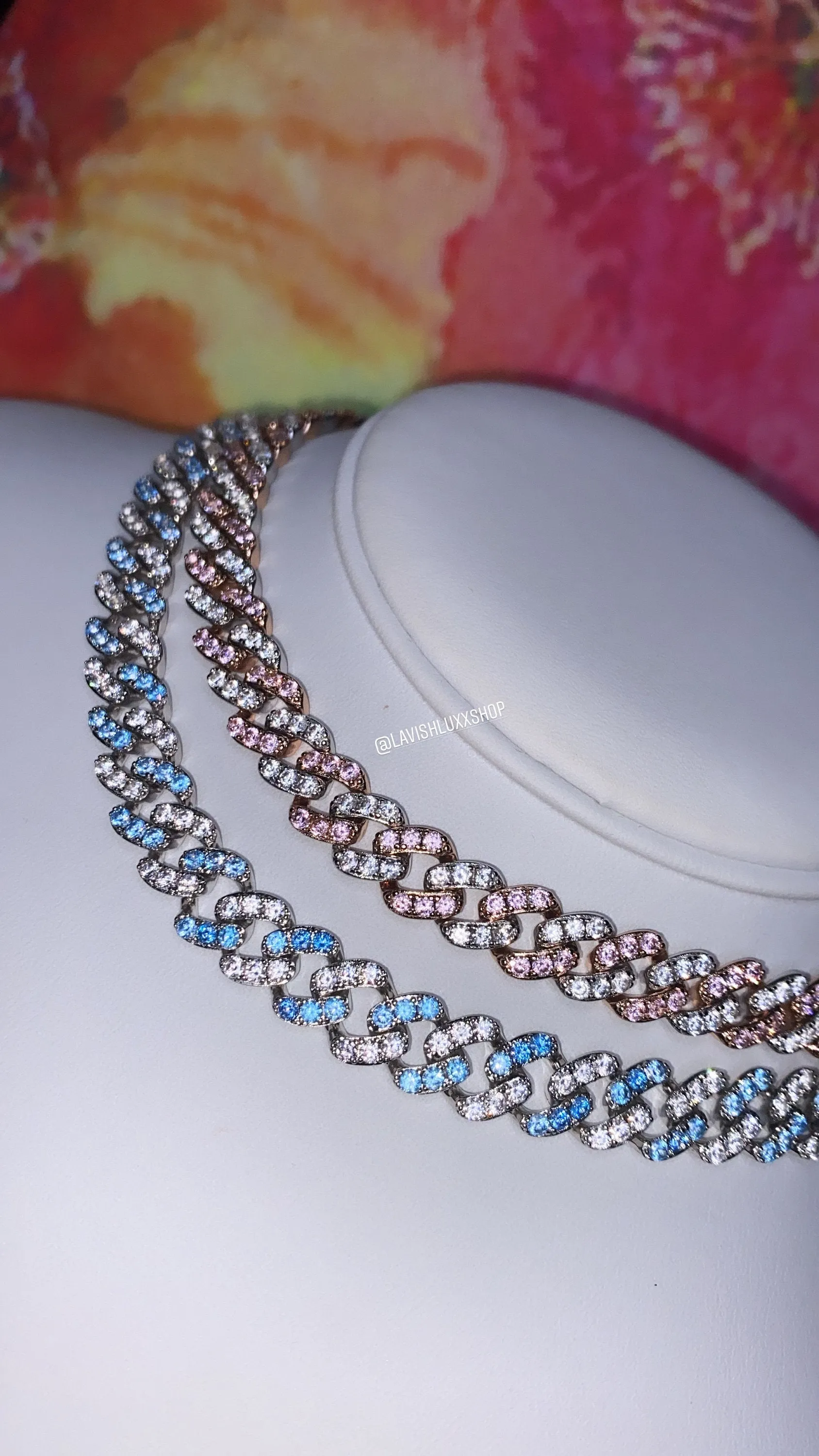 2 piece SET 9mm Mini PINK and white  and BLUE miami cuban link chain , pink barbie  choker , pink choker, Cuban Choker , pink Cuban necklace