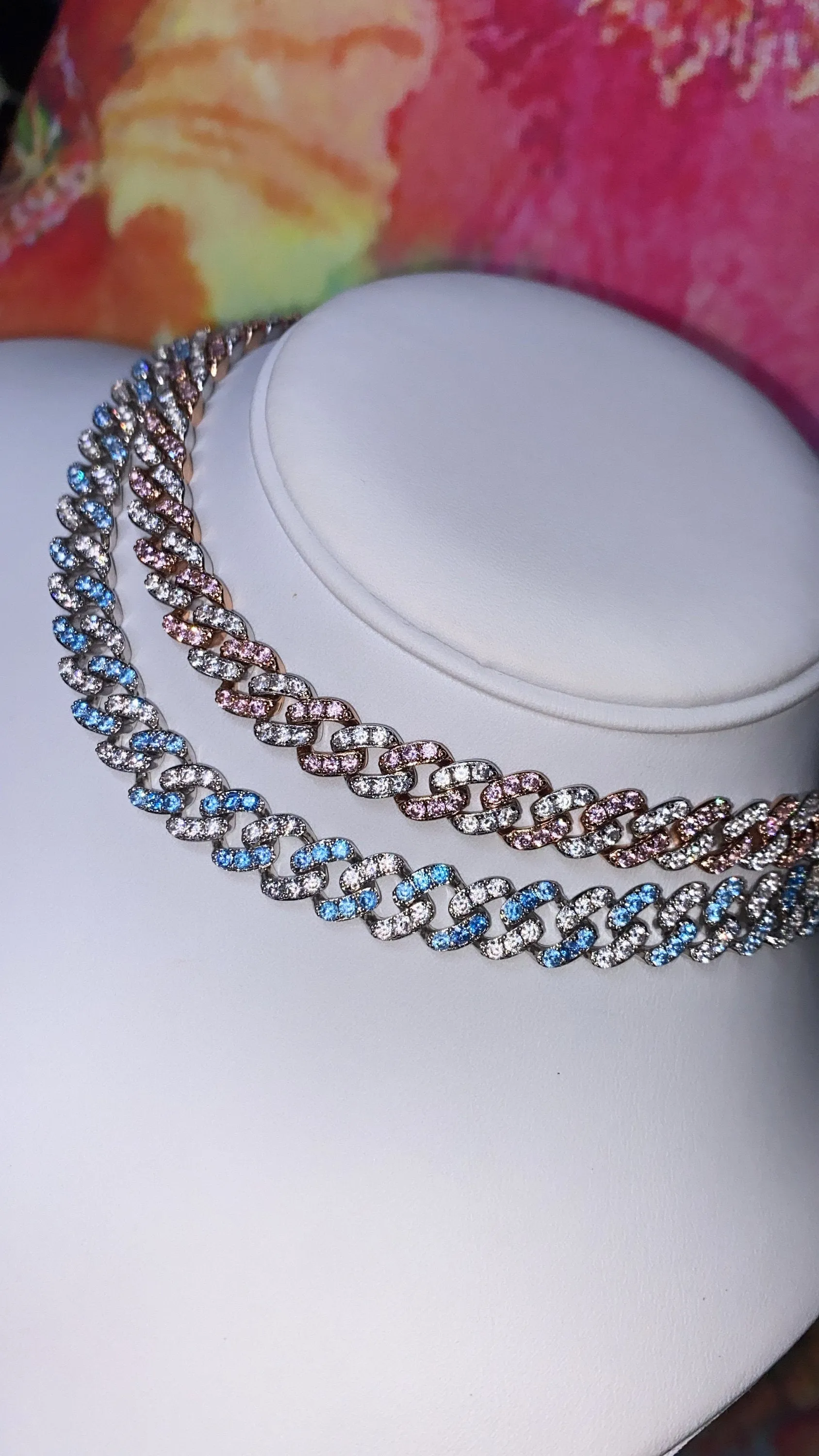 2 piece SET 9mm Mini PINK and white  and BLUE miami cuban link chain , pink barbie  choker , pink choker, Cuban Choker , pink Cuban necklace