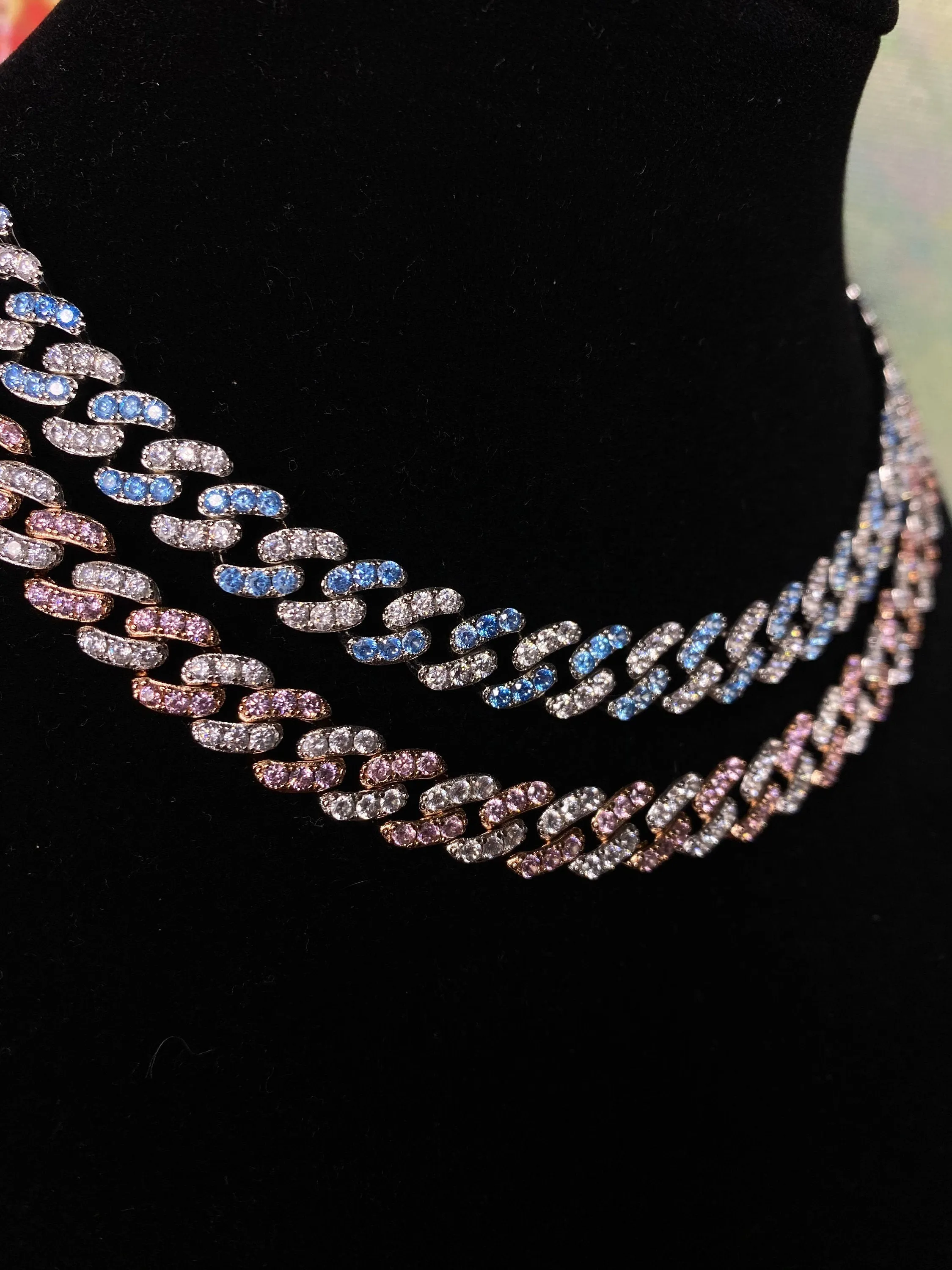 2 piece SET 9mm Mini PINK and white  and BLUE miami cuban link chain , pink barbie  choker , pink choker, Cuban Choker , pink Cuban necklace