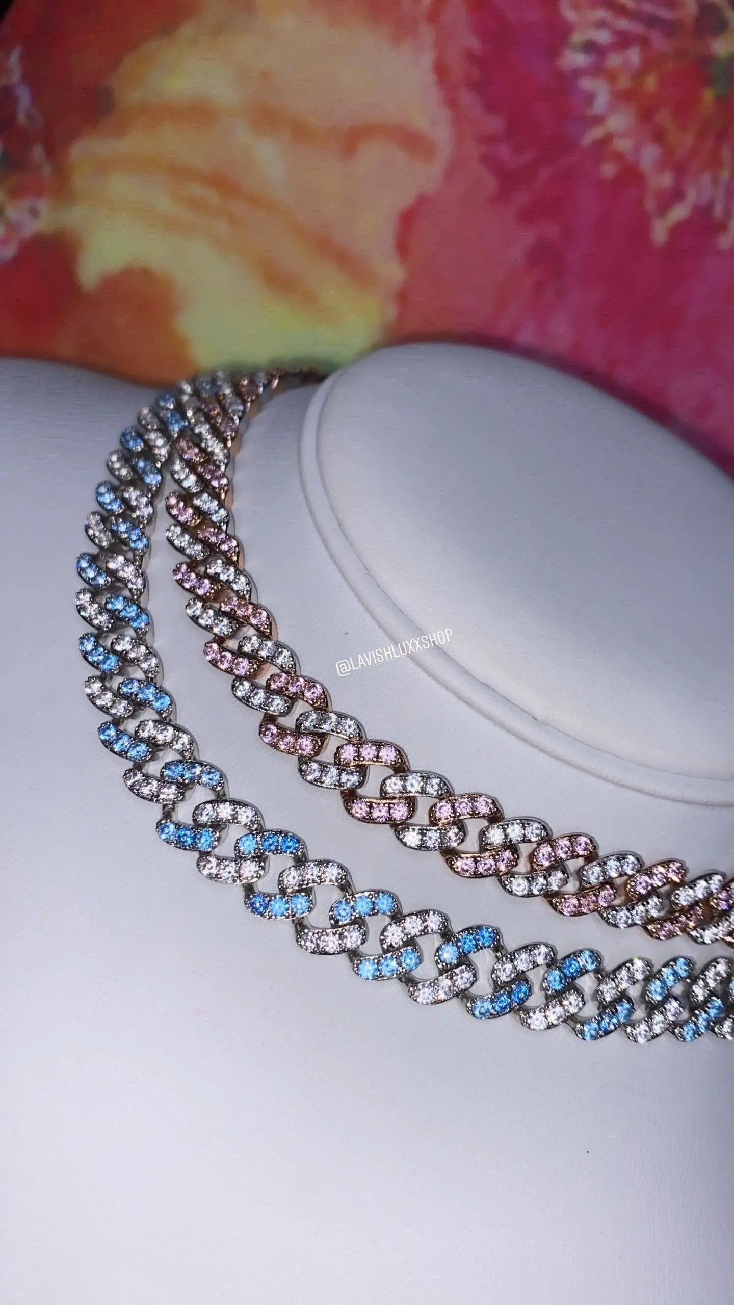 2 piece SET 9mm Mini PINK and white  and BLUE miami cuban link chain , pink barbie  choker , pink choker, Cuban Choker , pink Cuban necklace