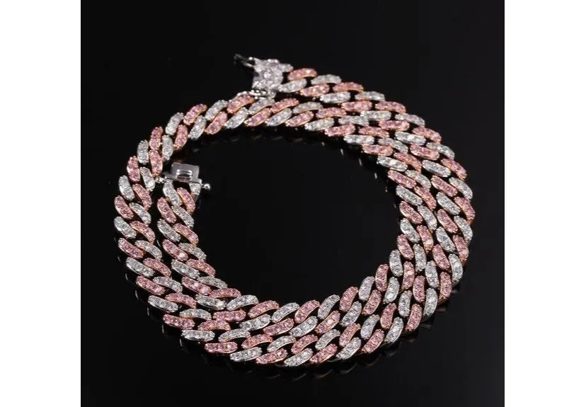2 piece SET 9mm Mini PINK and white  and BLUE miami cuban link chain , pink barbie  choker , pink choker, Cuban Choker , pink Cuban necklace