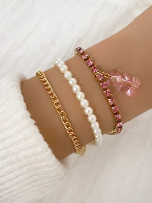 3pcs/set Bear Charm Faux Pearl Decor Bracelet  - Gold - FD ⚡