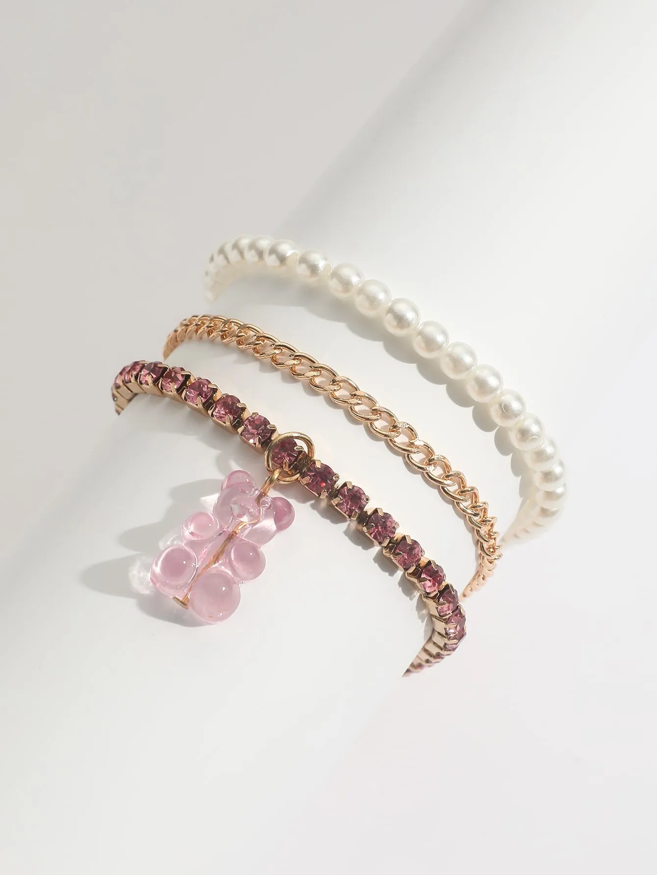 3pcs/set Bear Charm Faux Pearl Decor Bracelet  - Gold - FD ⚡