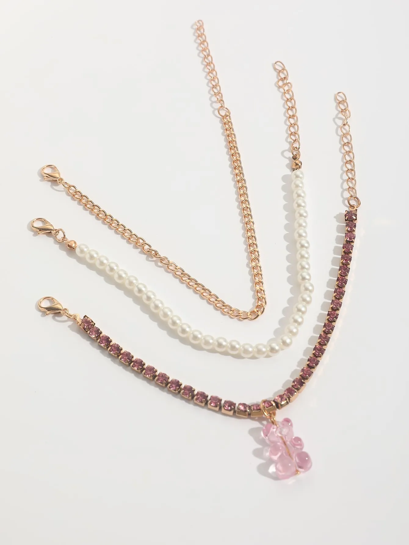 3pcs/set Bear Charm Faux Pearl Decor Bracelet  - Gold - FD ⚡