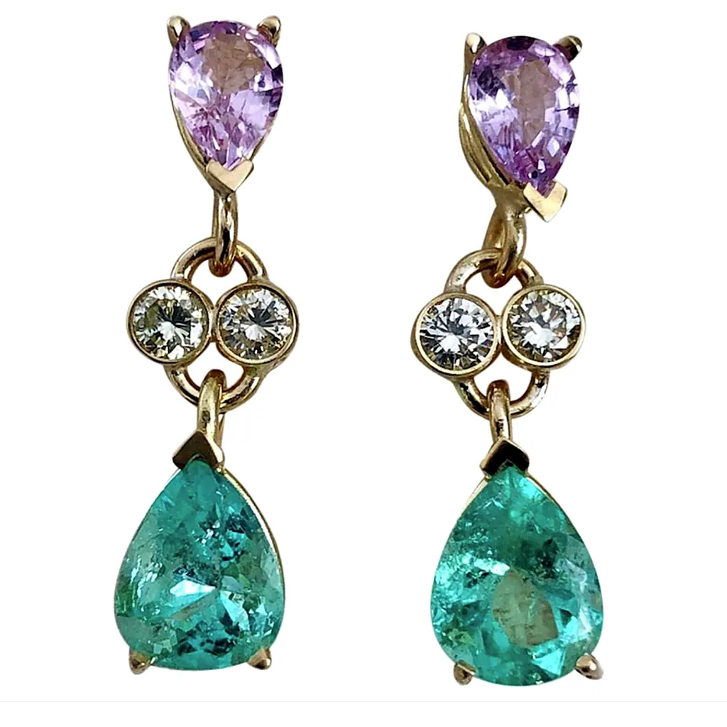 5.20 Carat Natural Emerald Sapphire Diamond Dangle Earrings 18 Karat