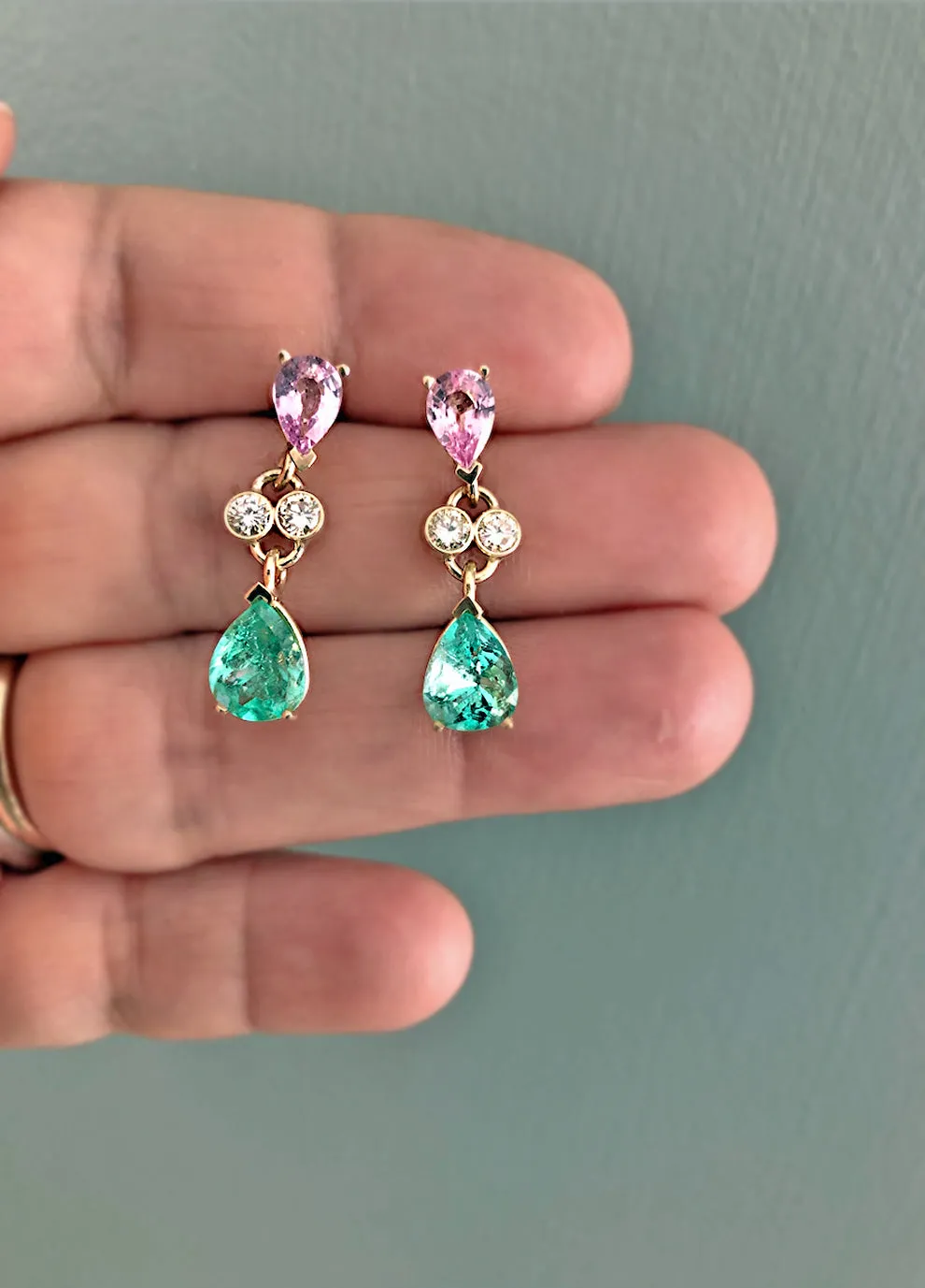 5.20 Carat Natural Emerald Sapphire Diamond Dangle Earrings 18 Karat