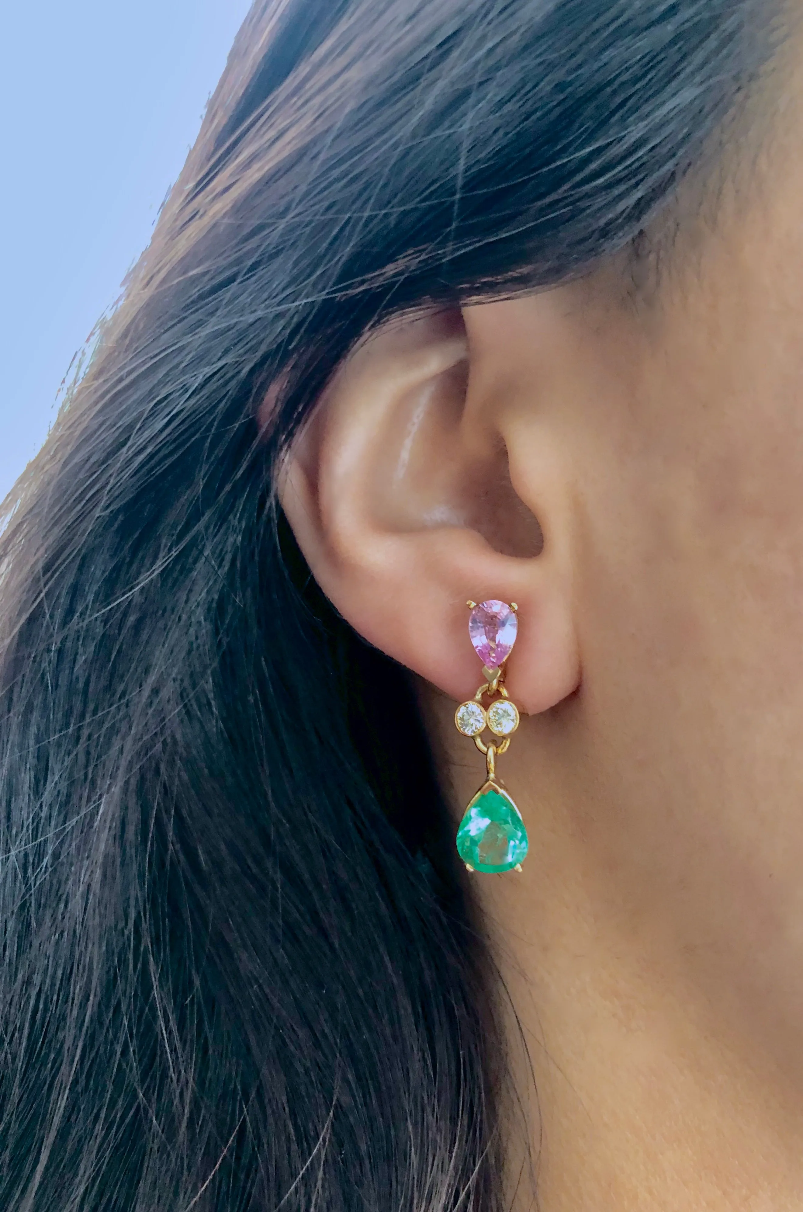 5.20 Carat Natural Emerald Sapphire Diamond Dangle Earrings 18 Karat