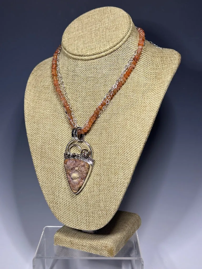 .925   14k CONCHO DRUZY WITH PINK ZIRCON ON SUNSTONE BEAD DOUBLE CHAIN NECKLACE BR367