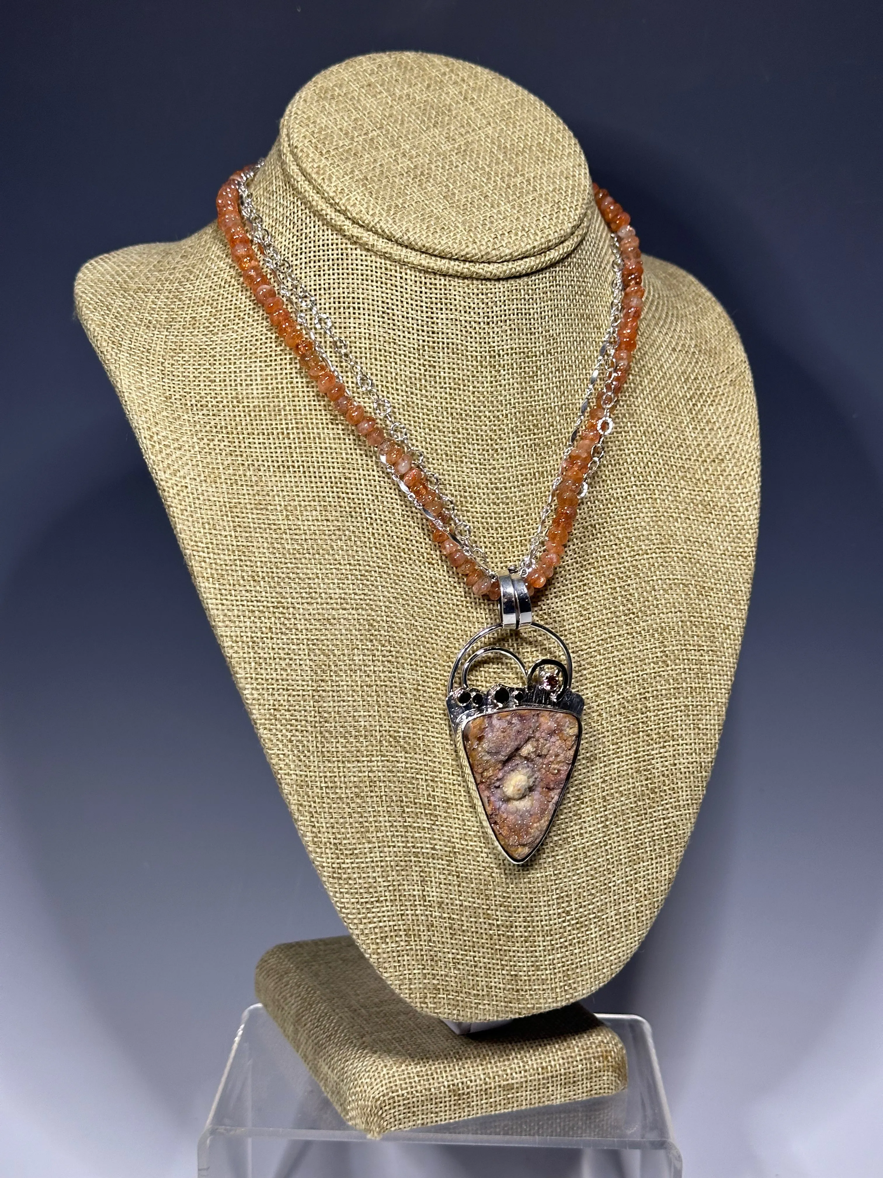 .925   14k CONCHO DRUZY WITH PINK ZIRCON ON SUNSTONE BEAD DOUBLE CHAIN NECKLACE BR367