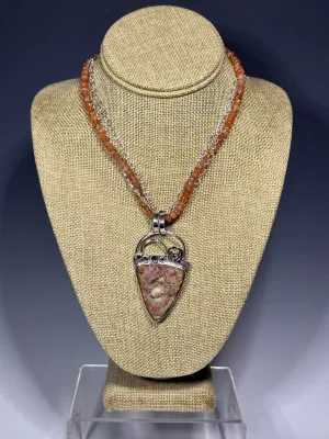 .925   14k CONCHO DRUZY WITH PINK ZIRCON ON SUNSTONE BEAD DOUBLE CHAIN NECKLACE BR367