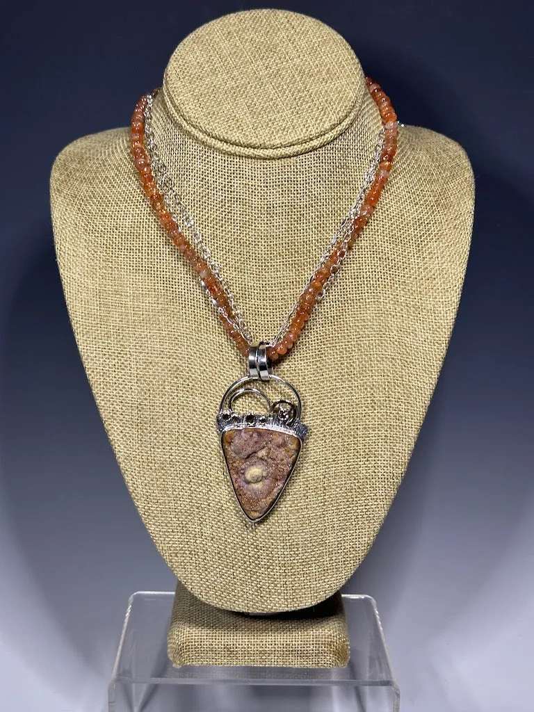 .925   14k CONCHO DRUZY WITH PINK ZIRCON ON SUNSTONE BEAD DOUBLE CHAIN NECKLACE BR367