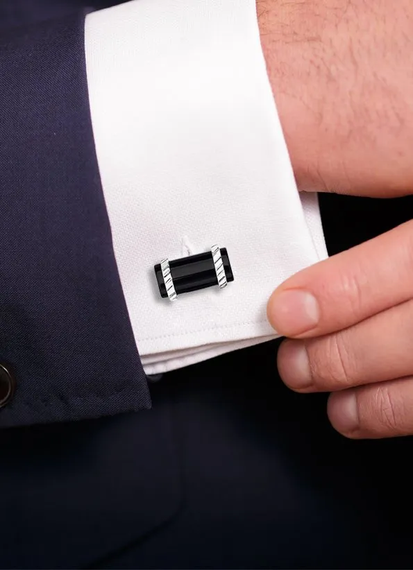 925 Sterling Silver Genuine Black Agate Diamond Cut Cufflink