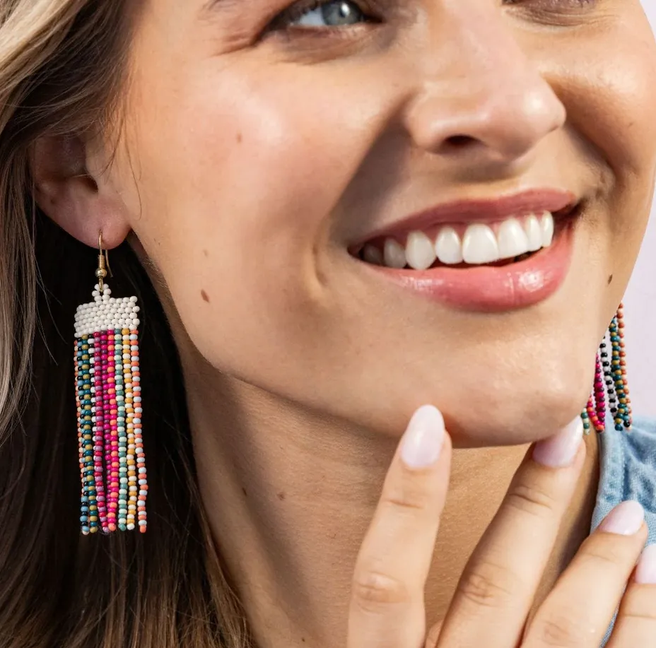 Adaline Alternating Two-Tone Strands Beaded Fringe Earring Multicolor