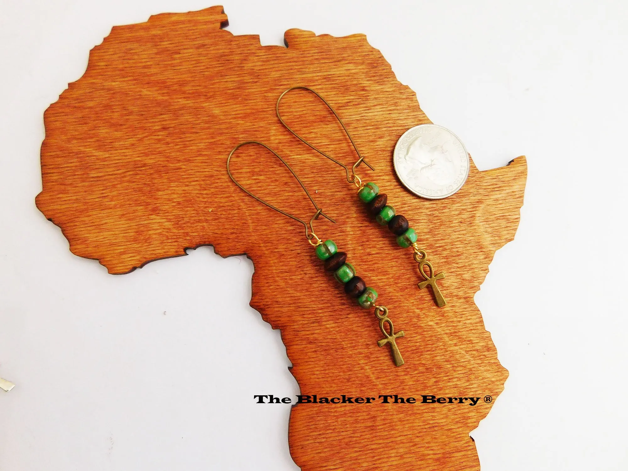 Ankh Earrings Long Dangle Beaded Ethnic Jewelry