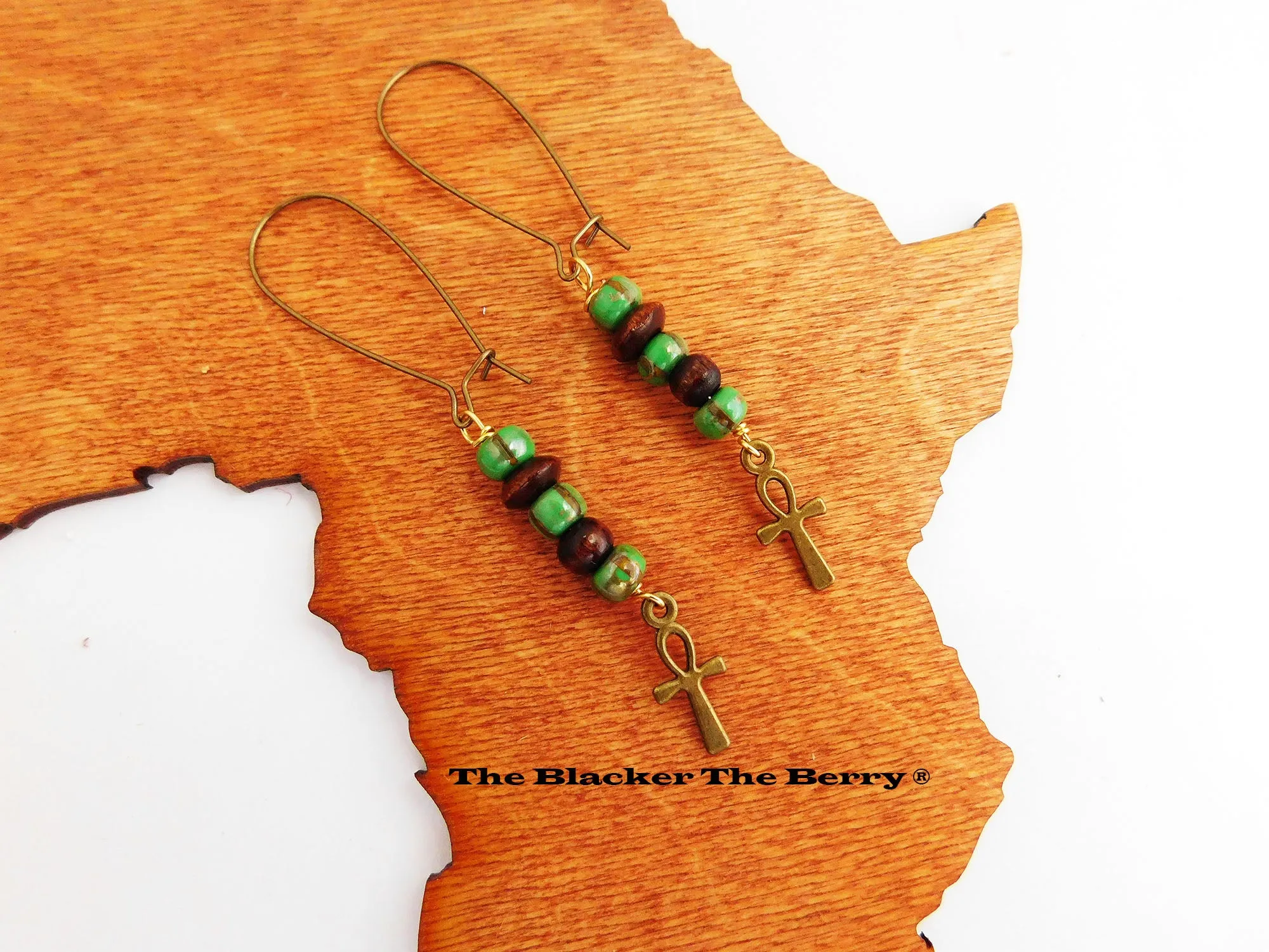 Ankh Earrings Long Dangle Beaded Ethnic Jewelry