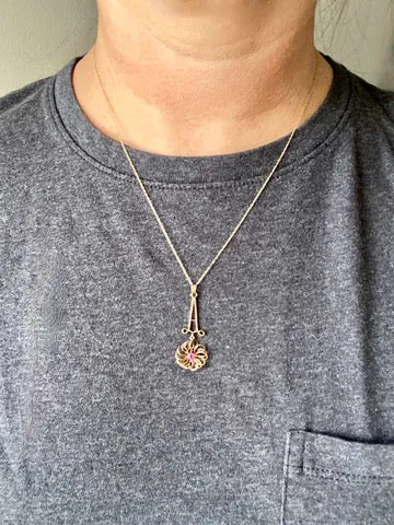Antique 14k Gold Flower Pendant Necklace with Ruby vintage charm or pendant - 18.25 inch length