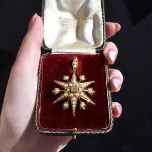 Antique 15ct Gold Victorian Pearl and Diamond Star Brooch and Pendant | Boxed