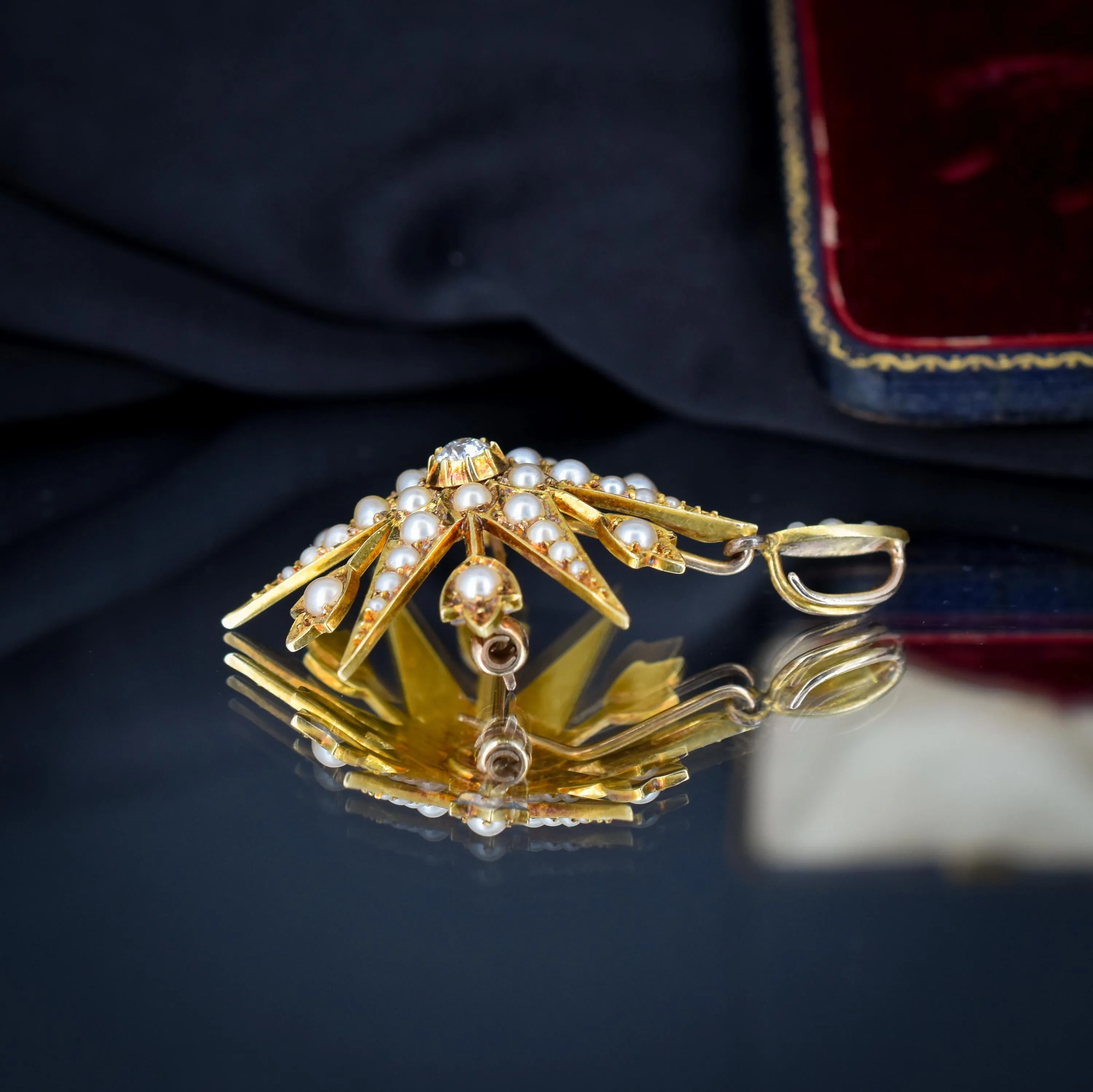 Antique 15ct Gold Victorian Pearl and Diamond Star Brooch and Pendant | Boxed