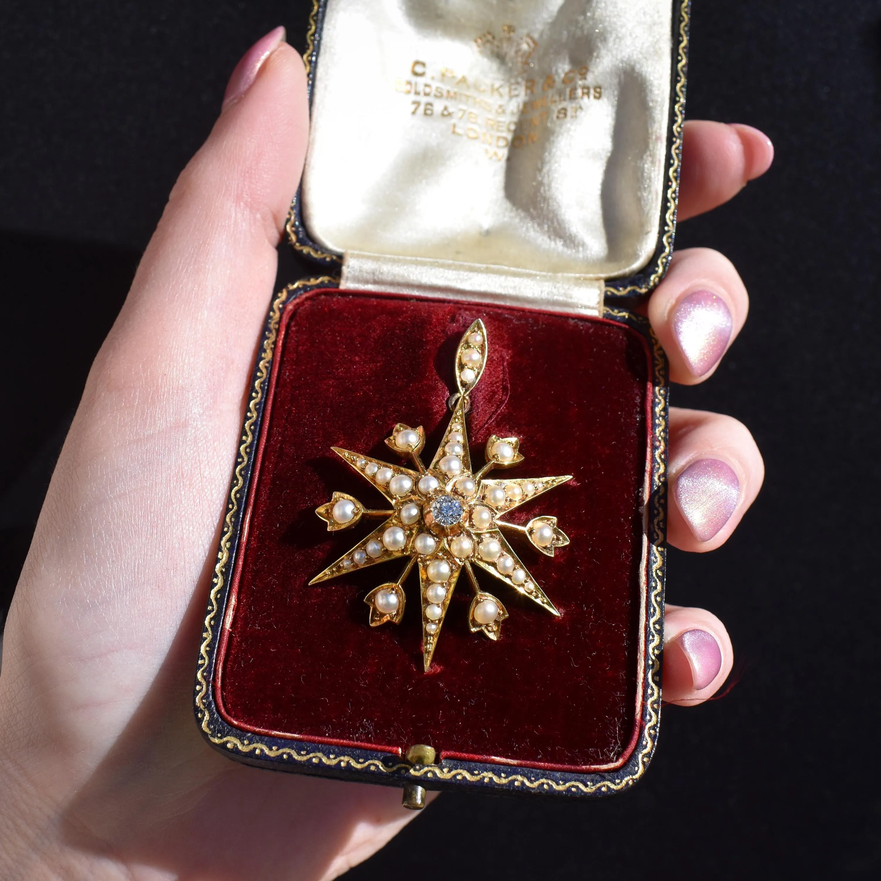 Antique 15ct Gold Victorian Pearl and Diamond Star Brooch and Pendant | Boxed