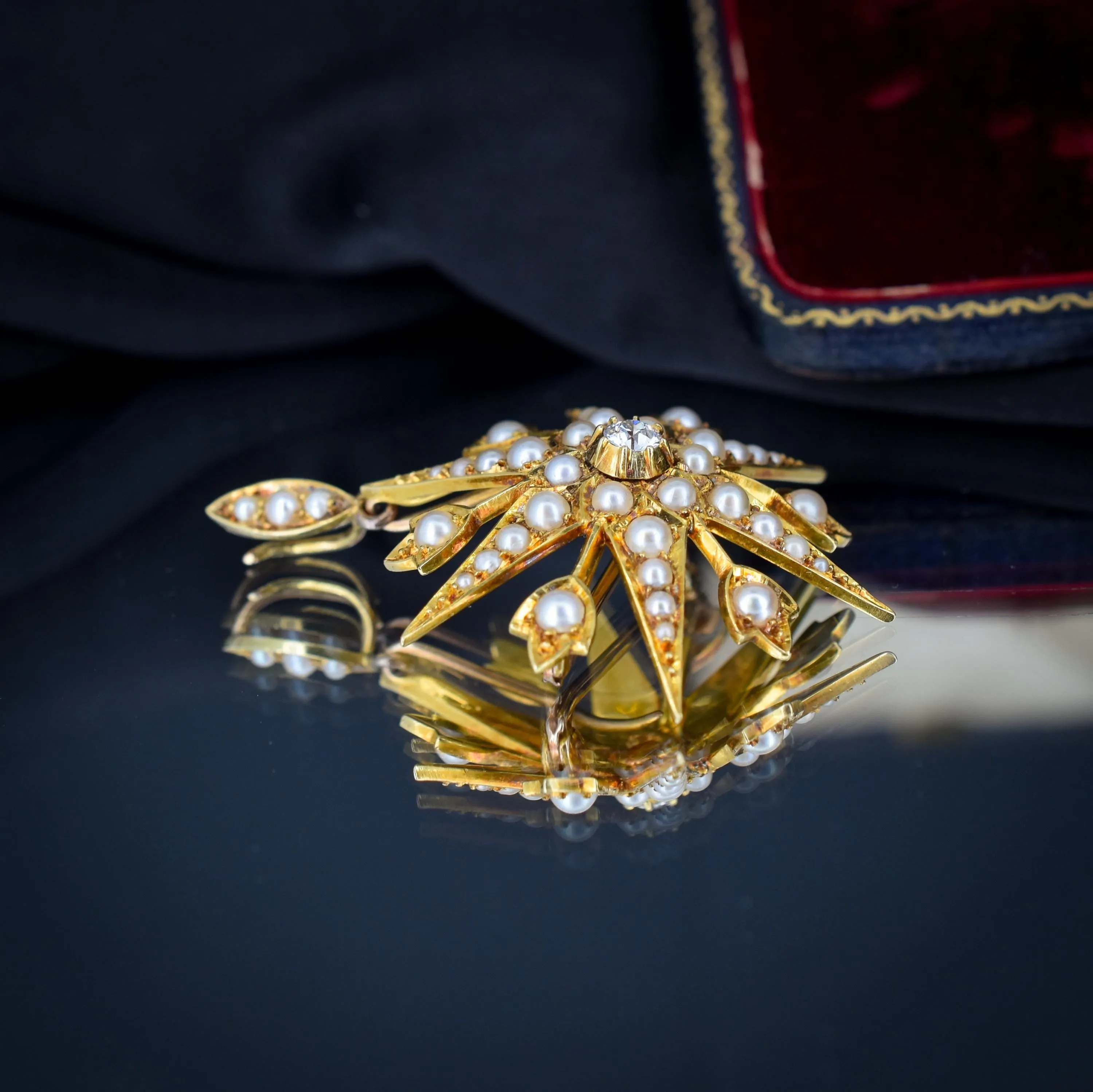 Antique 15ct Gold Victorian Pearl and Diamond Star Brooch and Pendant | Boxed