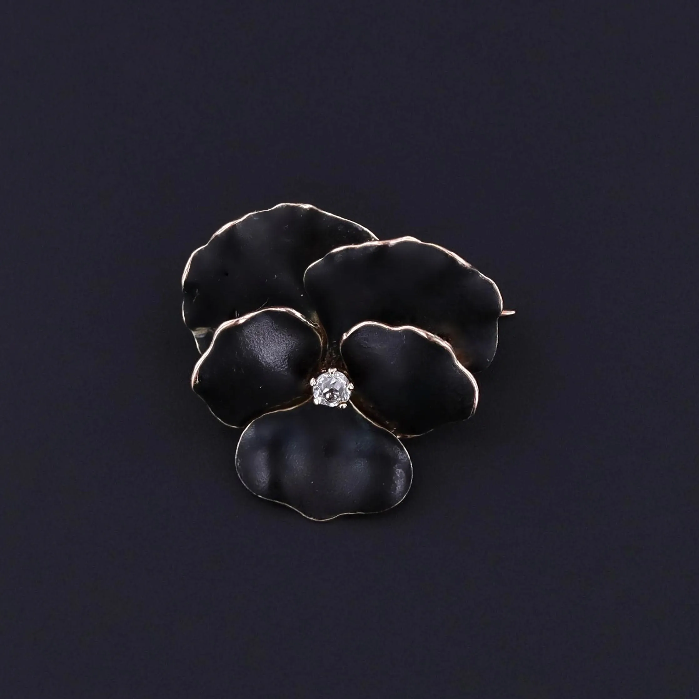 Antique Black Enamel Pansy Brooch of 9ct Gold