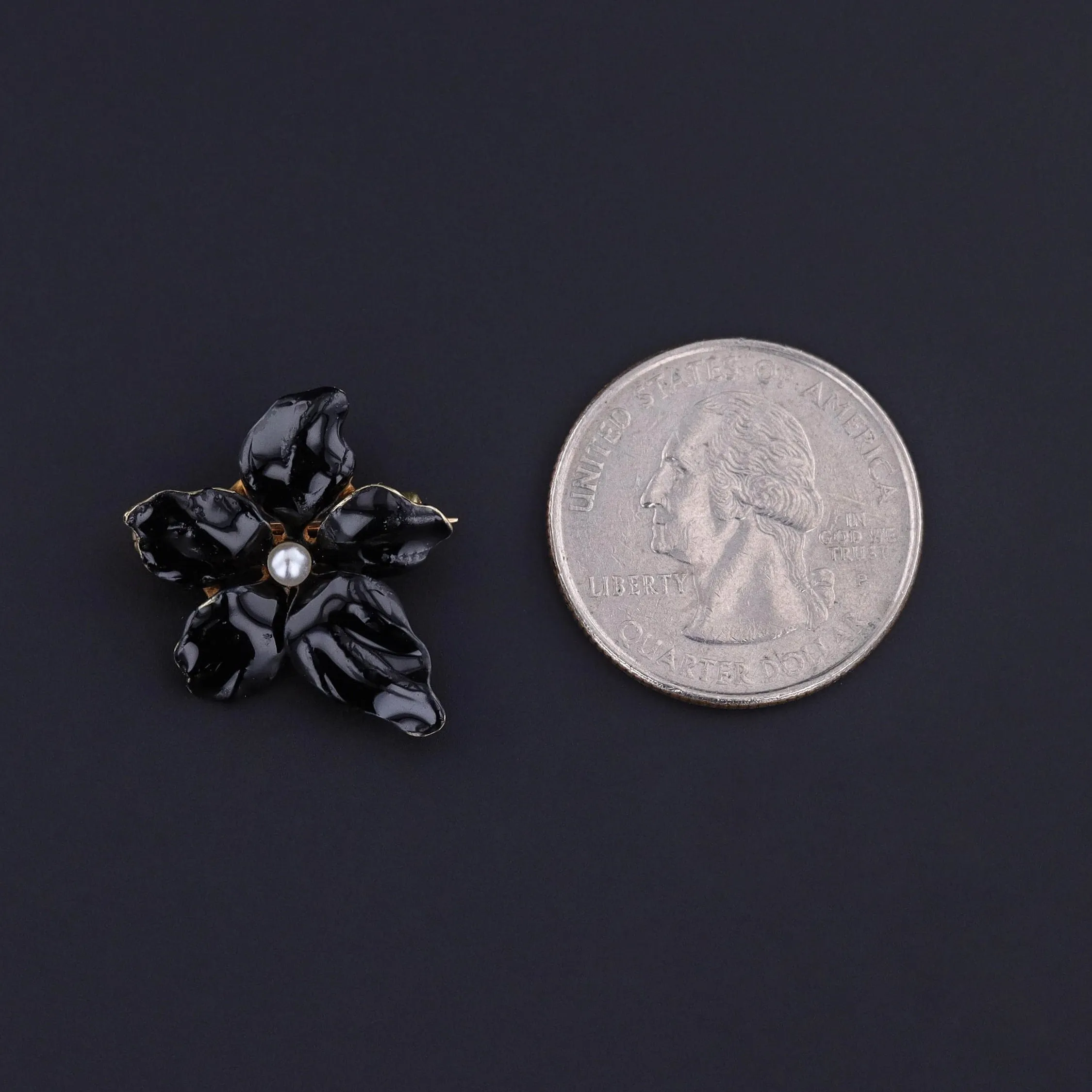 Antique Black Enamel Violet Brooch of 14k Gold