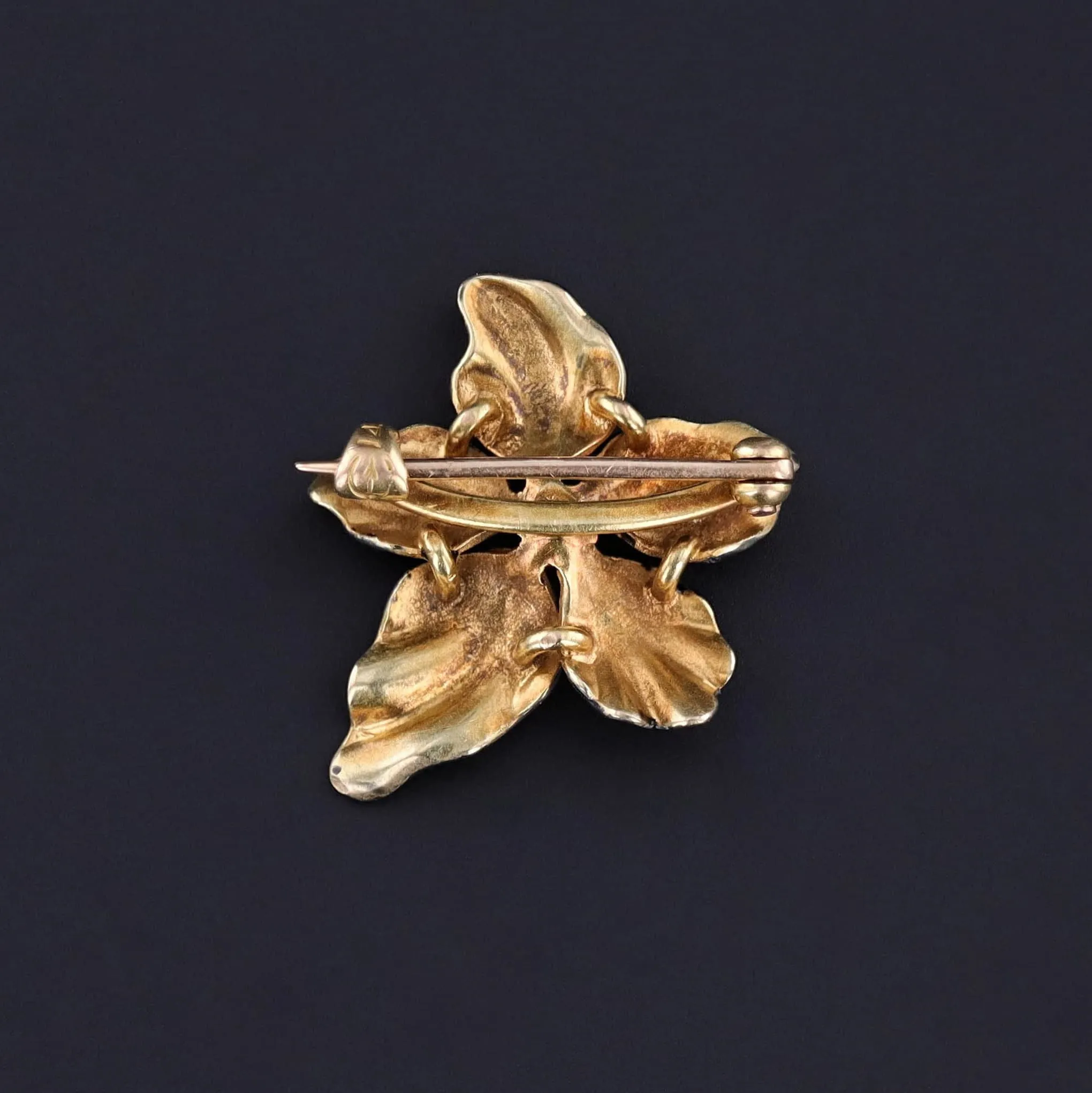Antique Black Enamel Violet Brooch of 14k Gold