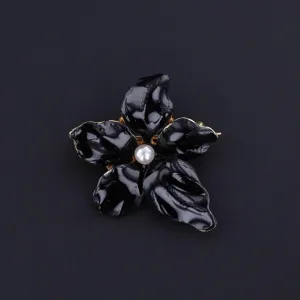 Antique Black Enamel Violet Brooch of 14k Gold