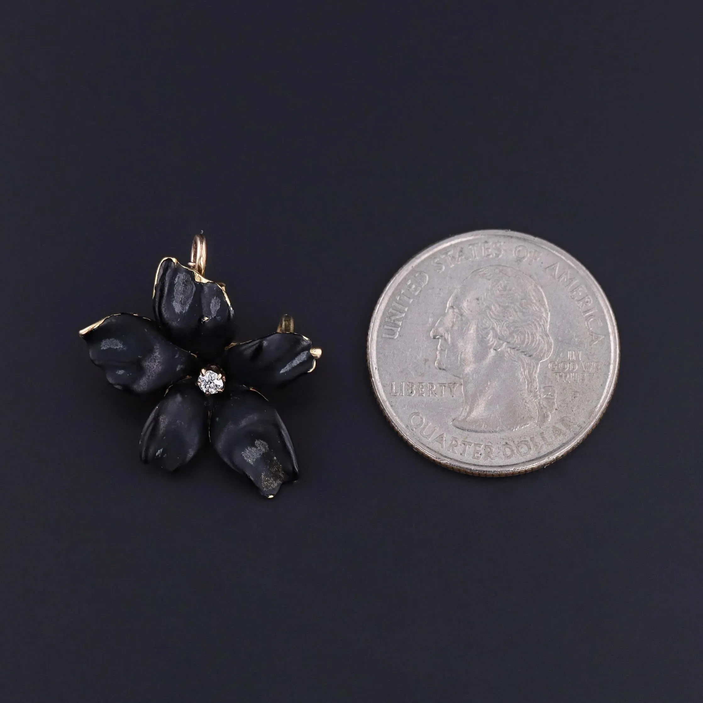 Antique Black Enamel Violet Pendant Brooch of 14k Gold