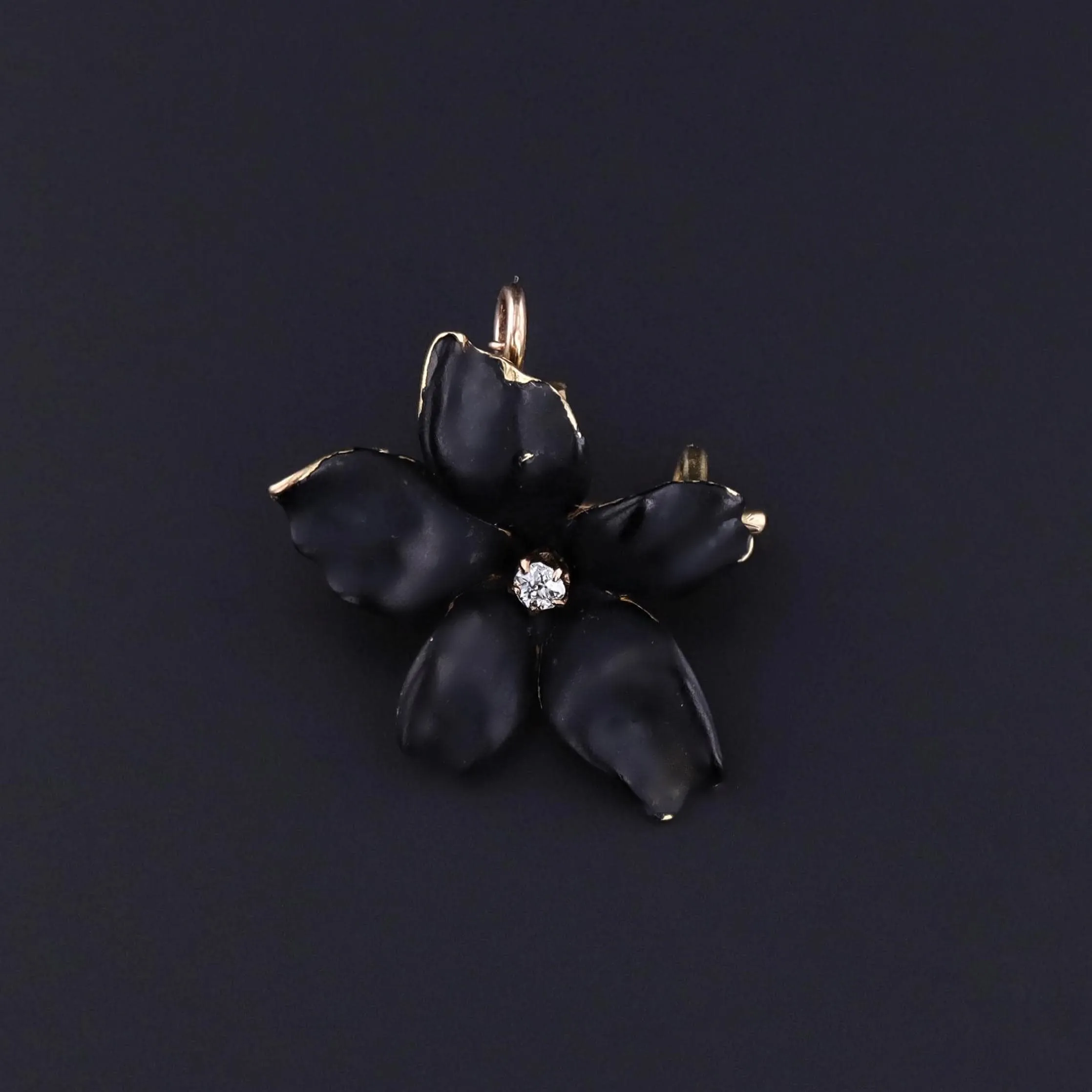 Antique Black Enamel Violet Pendant Brooch of 14k Gold