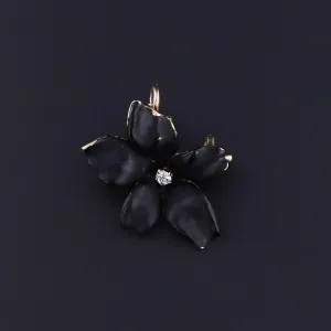 Antique Black Enamel Violet Pendant Brooch of 14k Gold