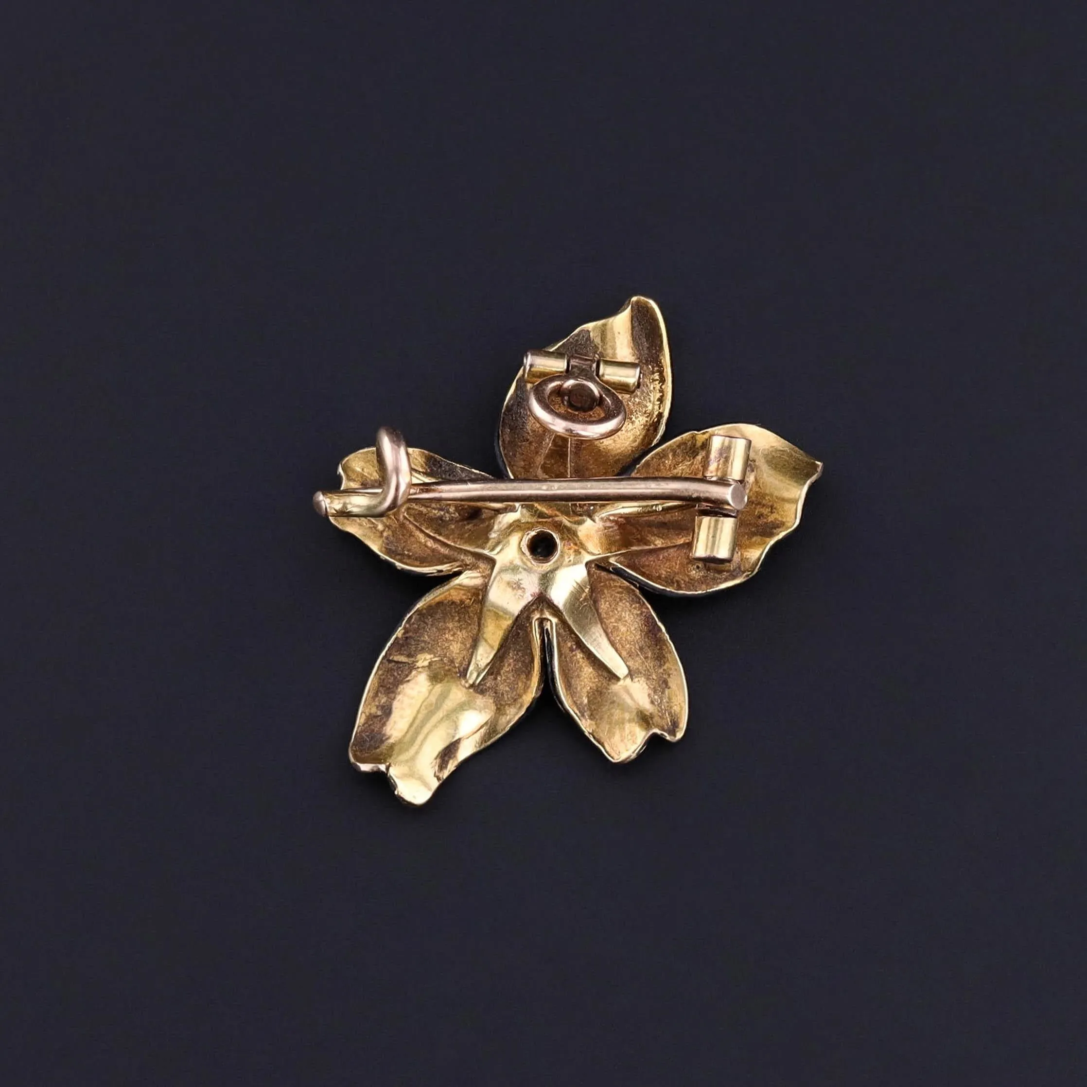 Antique Black Enamel Violet Pendant Brooch of 14k Gold