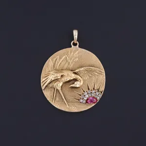 Antique Diamond and Ruby Crane Pendant of 14k Gold