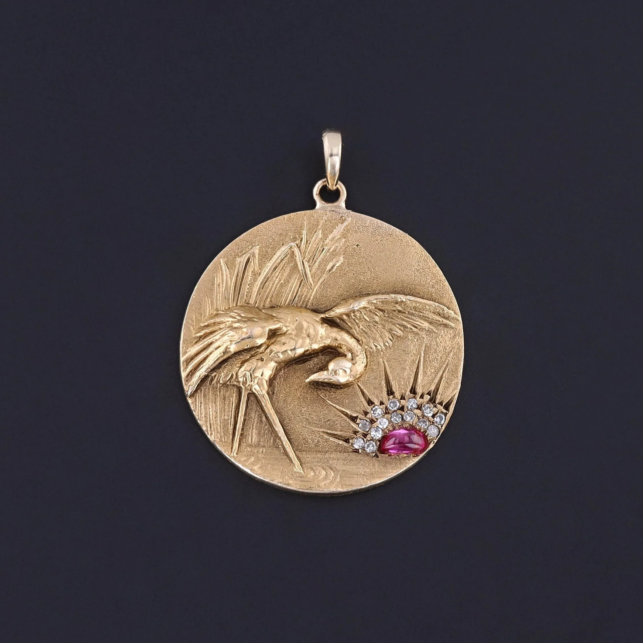 Antique Diamond and Ruby Crane Pendant of 14k Gold