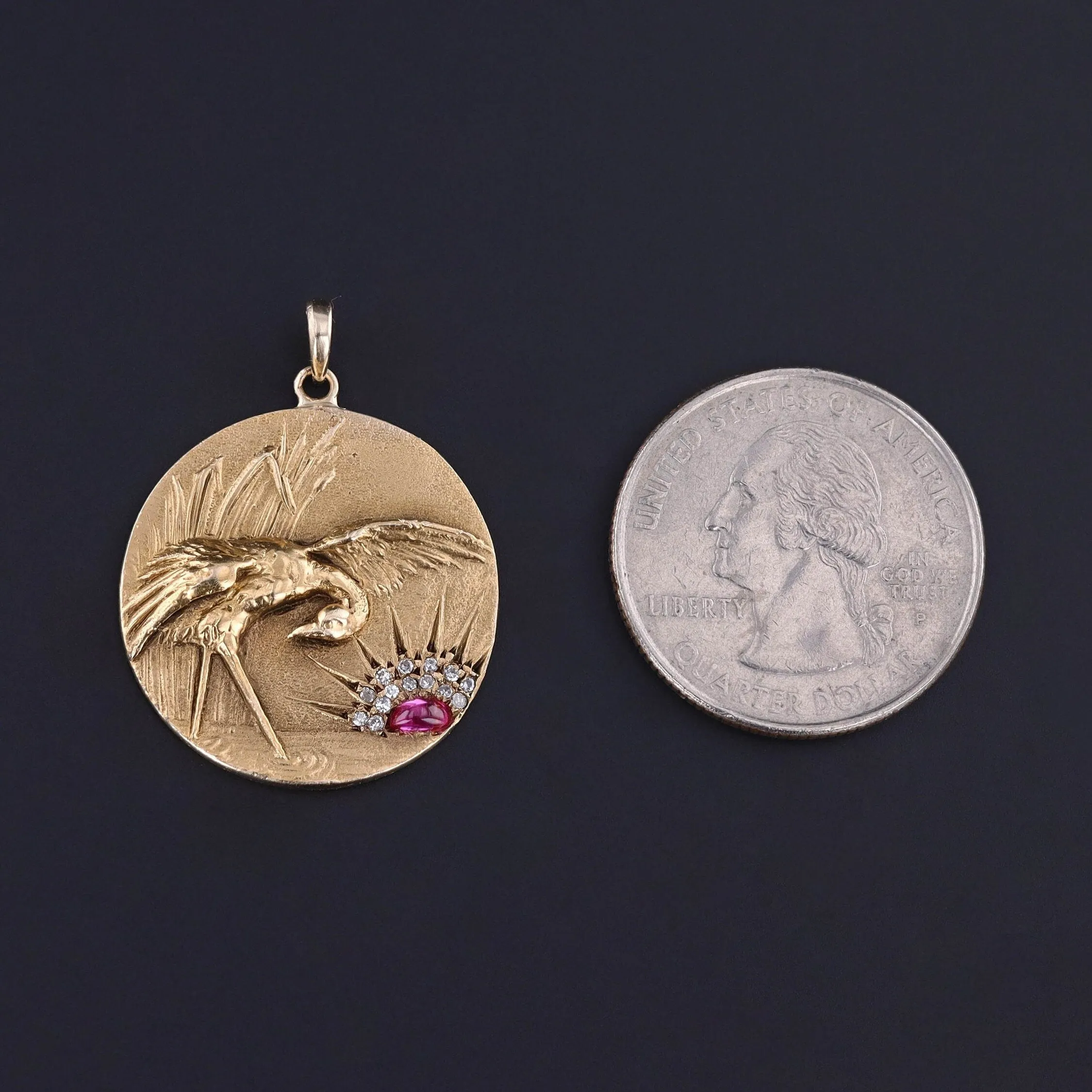 Antique Diamond and Ruby Crane Pendant of 14k Gold