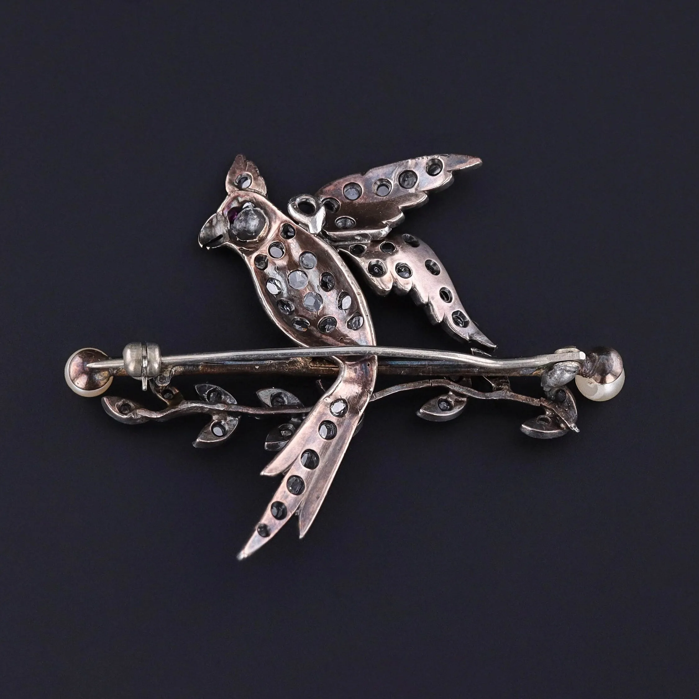 Antique Diamond Bird Brooch of Silver & 9ct Gold