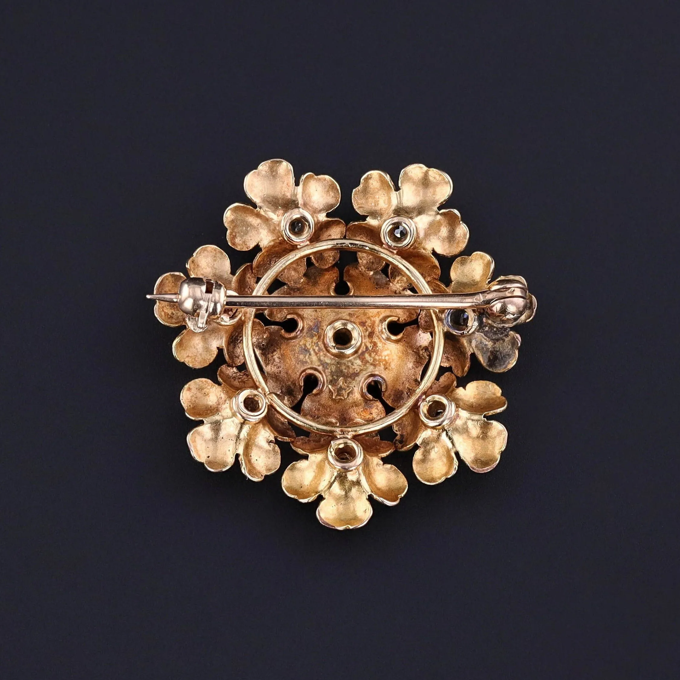 Antique Diamond Flower Brooch of 14k Gold