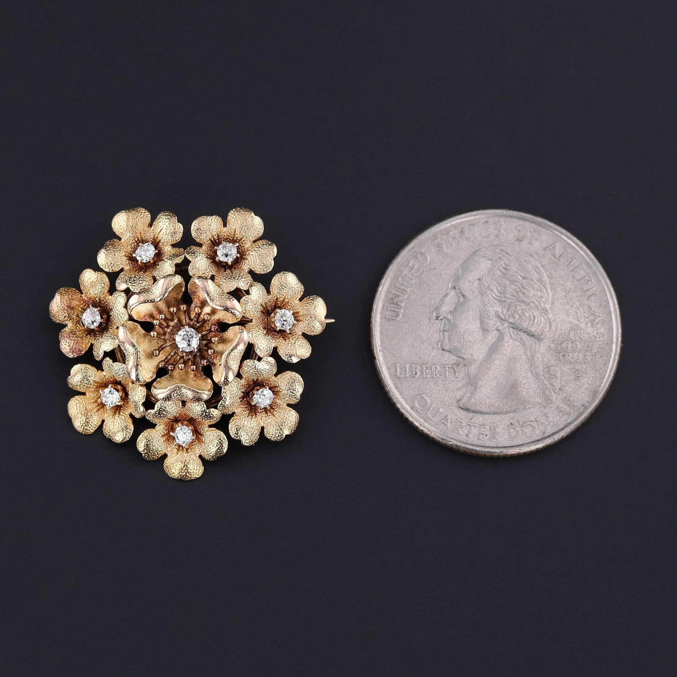 Antique Diamond Flower Brooch of 14k Gold