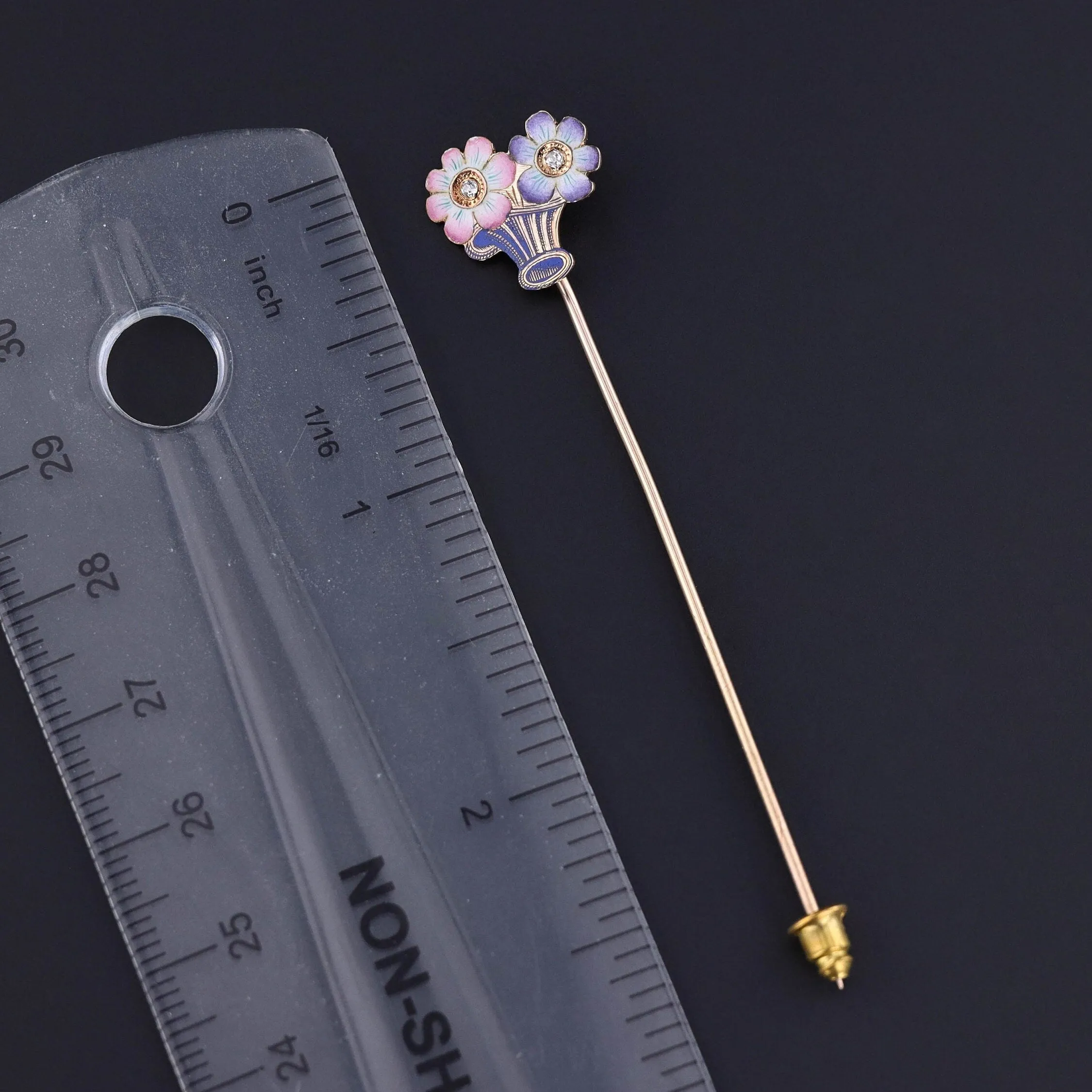 Antique Enamel & Diamond Flower Basket Stick Pin of 14k Gold